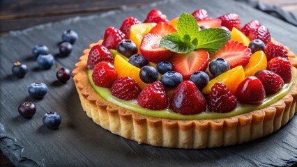 Exquisite and tempting fresh fruit tart ready to be devoured, dessert, delicious, sweet, fresh, pastry, gourmet, treat