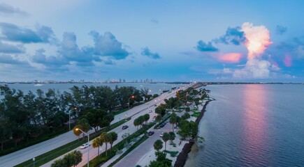 Rickenbacker Causeway crossing the Biscayne Bay at sunset, Miami, Florida, United States.