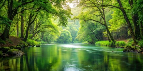 Obraz premium Serene river flowing through lush green forest, nature, landscape, creek, trees, peaceful, tranquil, outdoors, wilderness