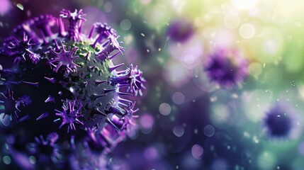 harmful virus shown in dark purple and green tones, with spiked, thorny structures 