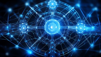 A vibrant, abstract representation of atomic structures, highlighting interconnected particles and glowing blue lights against a dark background.