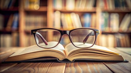 Reading glasses resting on open book page in university library, symbolizing intelligence, education