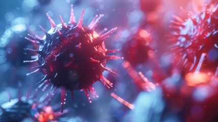 3D render of multiple viruses floating in a liquid environment