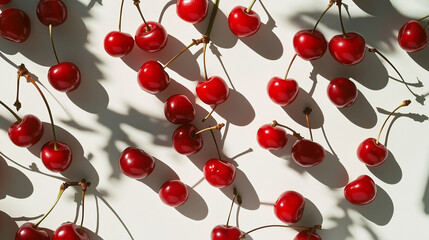 tart cherries with vibrant red color and a slightly glossy surface, scattered naturally on a white background
