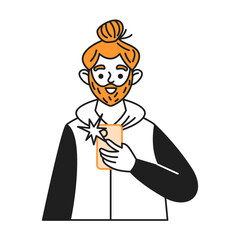 Bearded man taking picture with smartphone color line vector icon. Redhead male blogger showing trendy lifestyle online character illustration