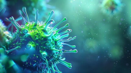 harmful virus cell, shown in vibrant shades of green and blue with spiky structures
