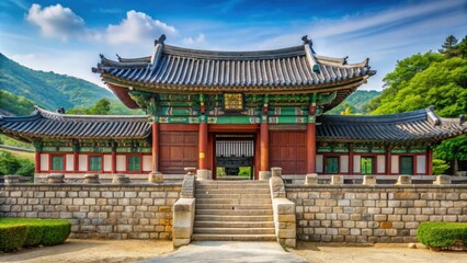 Fototapeta premium Traditional Korean Confucian academy with stone walls and ornate gate in Andong, South Korea , Korean, Confucian