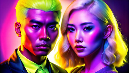 Naklejka premium Stylish Asian couple with vibrant hair and striking features in colorful lighting 