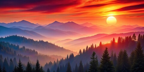 Obraz premium Colorful of mountains, trees, and a red sun in the background, mountains, trees, red sun, nature, landscape, vivid, vibrant
