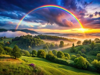 Naklejka premium Vibrant colors of the rainbow arch across a misty sky, blending softly into a gentle landscape with lush greenery and subtle misty atmosphere.