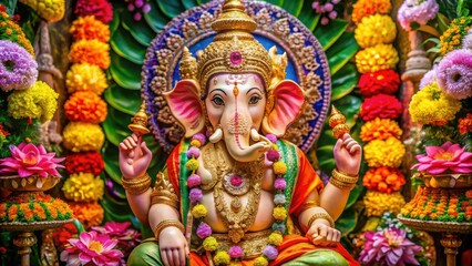 Obraz premium Vibrant colors surround a serene Lord Ganesha idol, adorned with flowers and jewelry, sitting peacefully on a richly ornamented throne with intricate carvings.