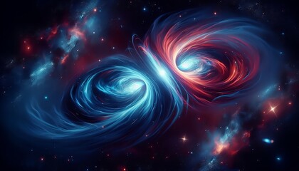 Brilliant galaxies in a cosmic ballet of contrasting blues and reds against a starry sky.