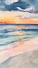 watercolor painting of ocean waves at sunset