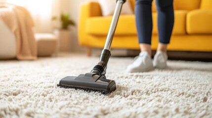 cleaner using a high-tech vacuum on a plush carpet in a luxury living room