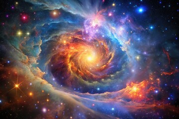 Vibrant cosmic explosion of stars, gas, and dust swirls in a mesmerizing dance of color and light, evoking a sense of wonder and celestial magic.