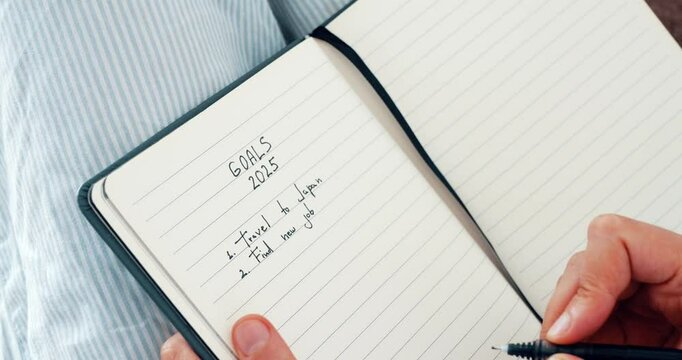 Accelerated time. New Year Goals 2025. Woman's Hand Writing in Notebook Goals List. Concept of New Year Planning.