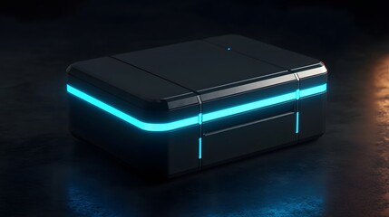 A modern black box with a sleek design and glowing blue accents, perfect for tech or futuristic themed projects.