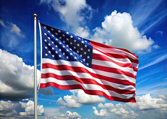 Obraz premium Vibrant crimson, white, and blue American flag waves majestically in the breeze, symbolizing freedom, patriotism, and national pride against a clear blue sky with fluffy clouds.