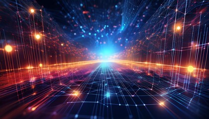 Obraz premium A vibrant digital landscape showcasing streams of light and data, creating a futuristic, technological atmosphere.