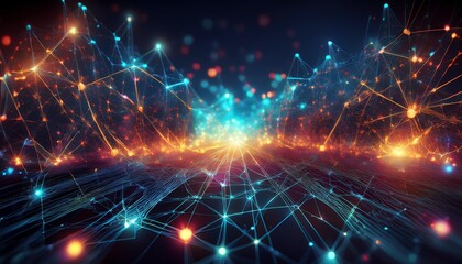 Obraz premium A vibrant representation of interconnected data points and glowing nodes, creating a digital landscape full of energy and movement.
