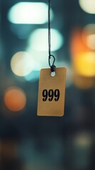 Price tag with number 999 on blurred background