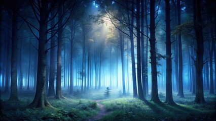 Dark and mysterious forest at night, moonlight, trees, stars, nocturnal, eerie, shadows, wilderness, tranquil, nature, mystical