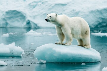 Polar bear standing on an ice floe in a tranquil Arctic landscape during daylight hours with distant glaciers. Generative AI