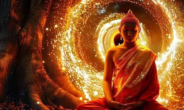 A meditating Buddha under a tree surrounded by a shining light symbolizing a clear mind and enlightenment