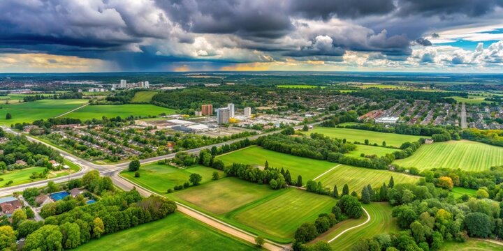 Aerial view of Waterloo cityscape with green fields and trees under cloudy sky in Ontario, Canada, Waterloo