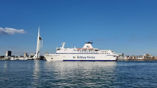 Portsmouth England UK. 18.07.2024. Video.  Roll on roll off  Bretange  ship arriving Portmouth  Harbour England UK.