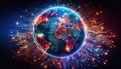 Obraz premium Digital Earth glowing with circuits, symbolizing global technology.