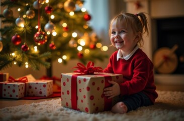 A joyful child in a red sweater sitting on the floor with a gift box by a decorated Christmas tree in a warm, cozy living room
