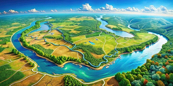 Vibrant digital illustration of the Ohio River's winding path, showcasing its tributaries, cities, and state borders, highlighting the region's geographical features and boundaries.