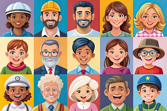 Vibrant, diverse illustrations of smiling adults and children in various poses, showcasing different occupations, hobbies, and emotions, perfect for educational and commercial projects.