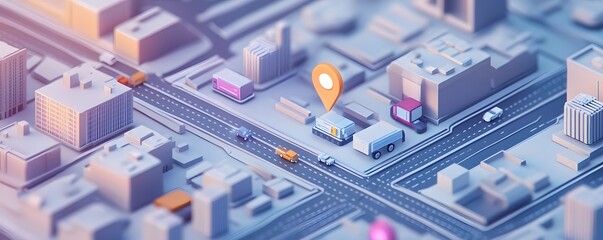 Aerial view of a city layout showcasing streets, buildings, and a location pin, highlighting urban planning and navigation.