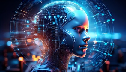 A futuristic robotic head with glowing circuits and data streams, showcasing advanced AI technology and digital innovation.
