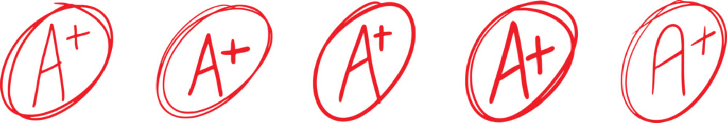 A plus grade icon set in red color. Score a+ school exam. Hand drawn grade a plus sign of students in the educational system