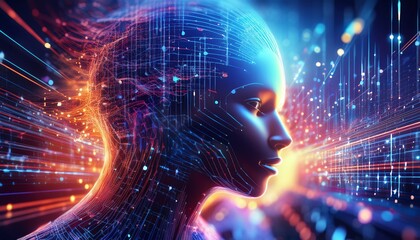 A futuristic digital representation of a human silhouette surrounded by vibrant lights and data streams, embodying themes of technology and artificial intelligence.