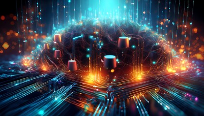 A vibrant digital landscape featuring interconnected nodes and pulsating lights, symbolizing futuristic technology and data networks.