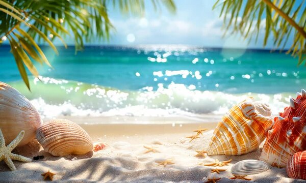 The tide of waves on the sea beach on a sunny summer day with seashells and starfish on the sand