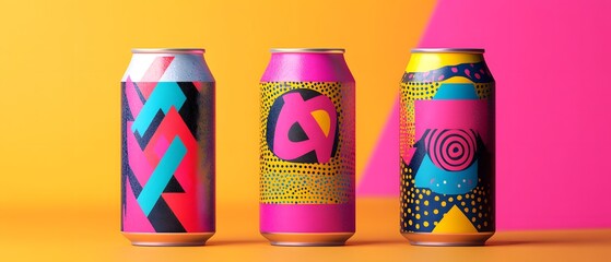 Colorful and artistic beverage cans with vibrant designs against a bright background, perfect for modern branding.