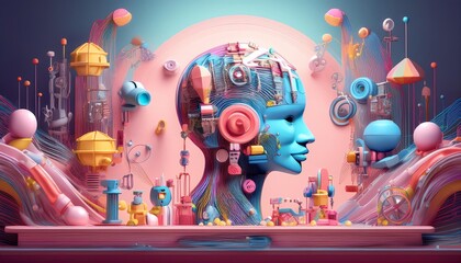 Obraz premium A colorful, futuristic bust of a head surrounded by vibrant abstract shapes and whimsical elements, blending technology and art in a surreal display.