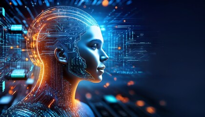 A futuristic digital portrait showcasing a humanoid figure with a glowing, data-inspired design, representing the convergence of technology and humanity.