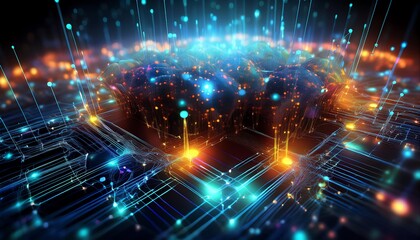 Obraz premium An abstract visualization of a vibrant, interconnected digital network with glowing nodes and lines, representing data flow and technology.