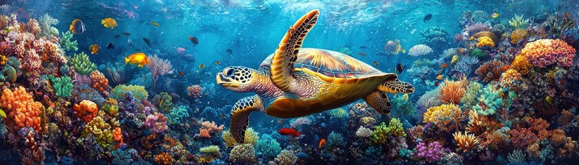 Fototapeta premium Vibrant Coral Reef with Sea Turtle in High Fidelity