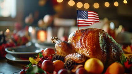 A roasted Thanksgiving turkey on a table, with a small American flag inserted on top, surrounded by festive decorations, shot in a cozy setting.