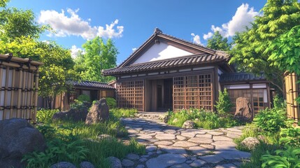Tranquil Japanese Garden with Traditional Architecture