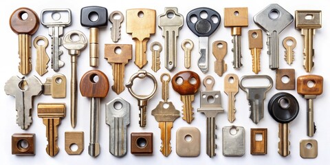 Various keys made of different materials such as metal, wood, and plastic, keys, metal, wood, plastic, different, materials, variety