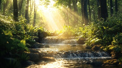 Obraz premium Tranquil Forest Stream with Sunlight and Lush Foliage