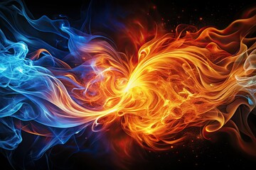 Vibrant flames flicker and dance as swirling air currents shape and distort them, illustrating the powerful interaction between oxygen and combustion in a stylized graphic.